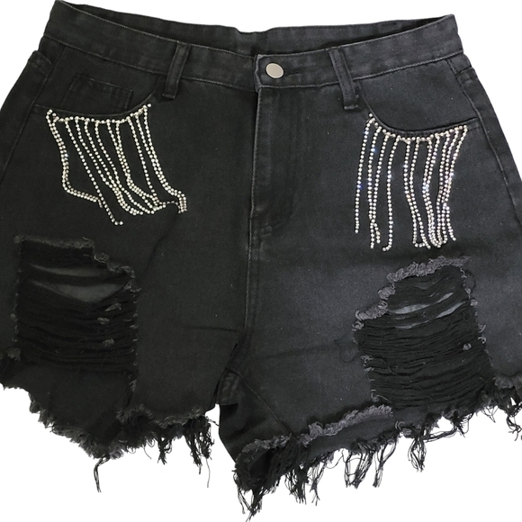 Dark Blue Distressed Frayed Detail Fringe Rhinestone Denim Shorts - Picture 7 of 11